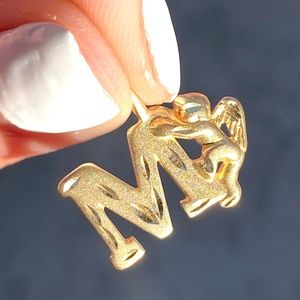 14KY Gold "M" Initial Pendant Angel Matte Finish